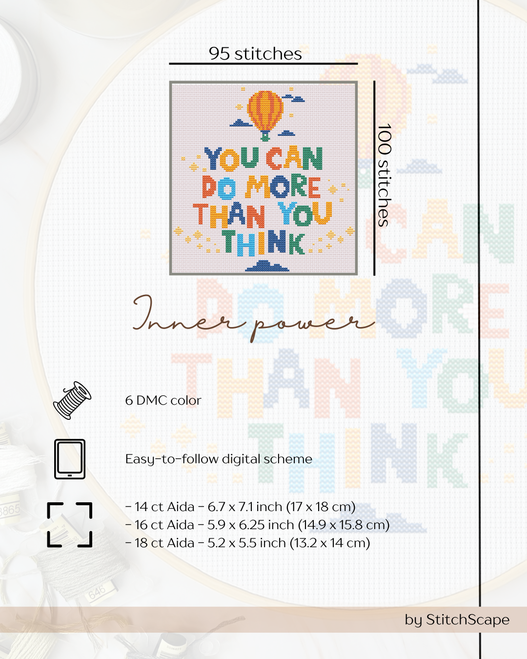 Cross-stitch pattern with motivational quote 'You can do more than you think' by StitchScape.