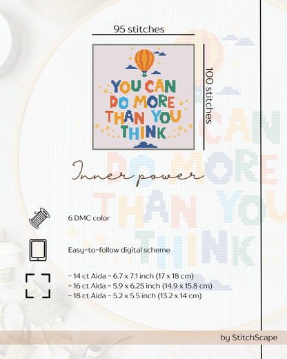 Cross-stitch pattern with motivational quote 'You can do more than you think' by StitchScape.