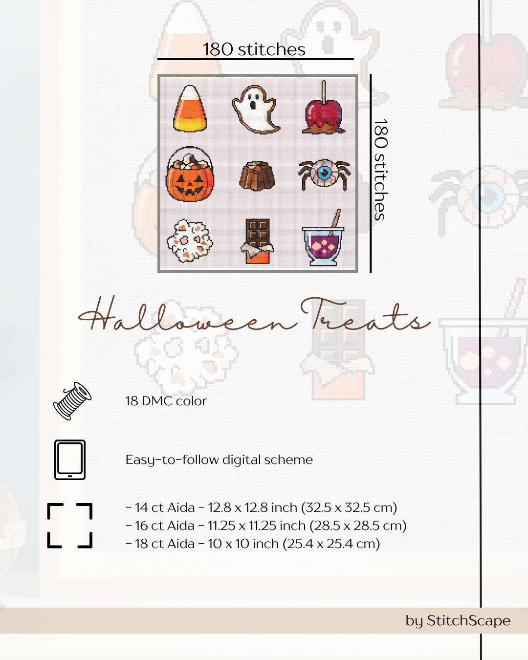 Halloween-themed cross-stitch pattern with various icons on a white background