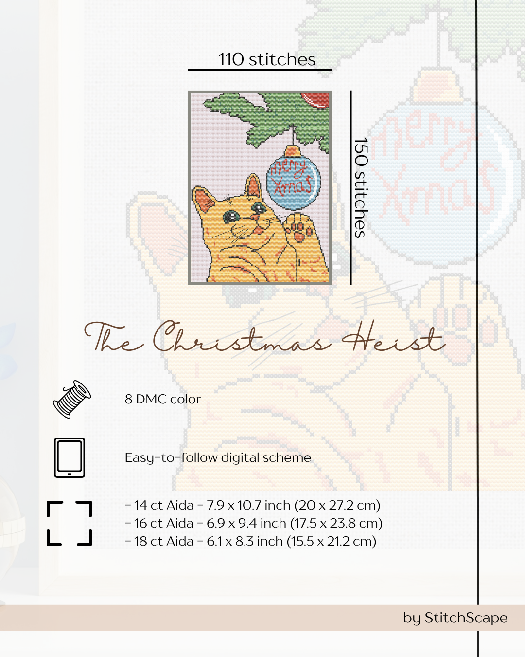 Cross-stitch pattern for a cat holding a Christmas ornament with details on stitches and fabric types.