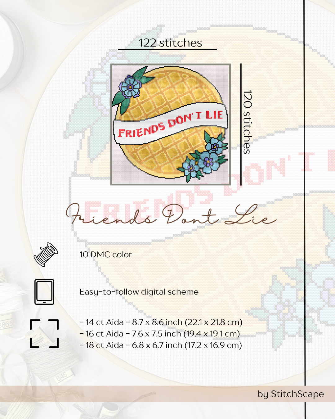 Embroidery design with pineapple and 'Friends Don't Lie' text on a white background