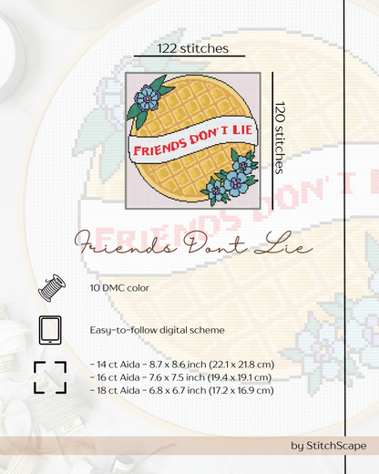 Embroidery design with pineapple and 'Friends Don't Lie' text on a white background