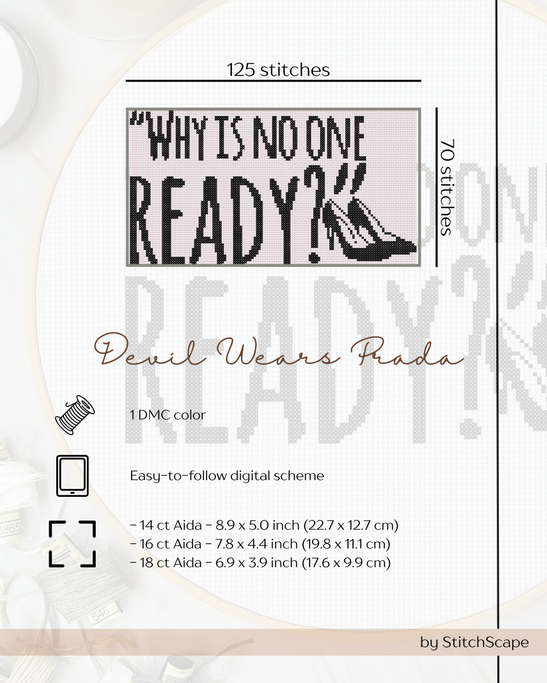 Cross-stitch pattern with text 'Why is no one ready?' and shoe design, by StitchScape.