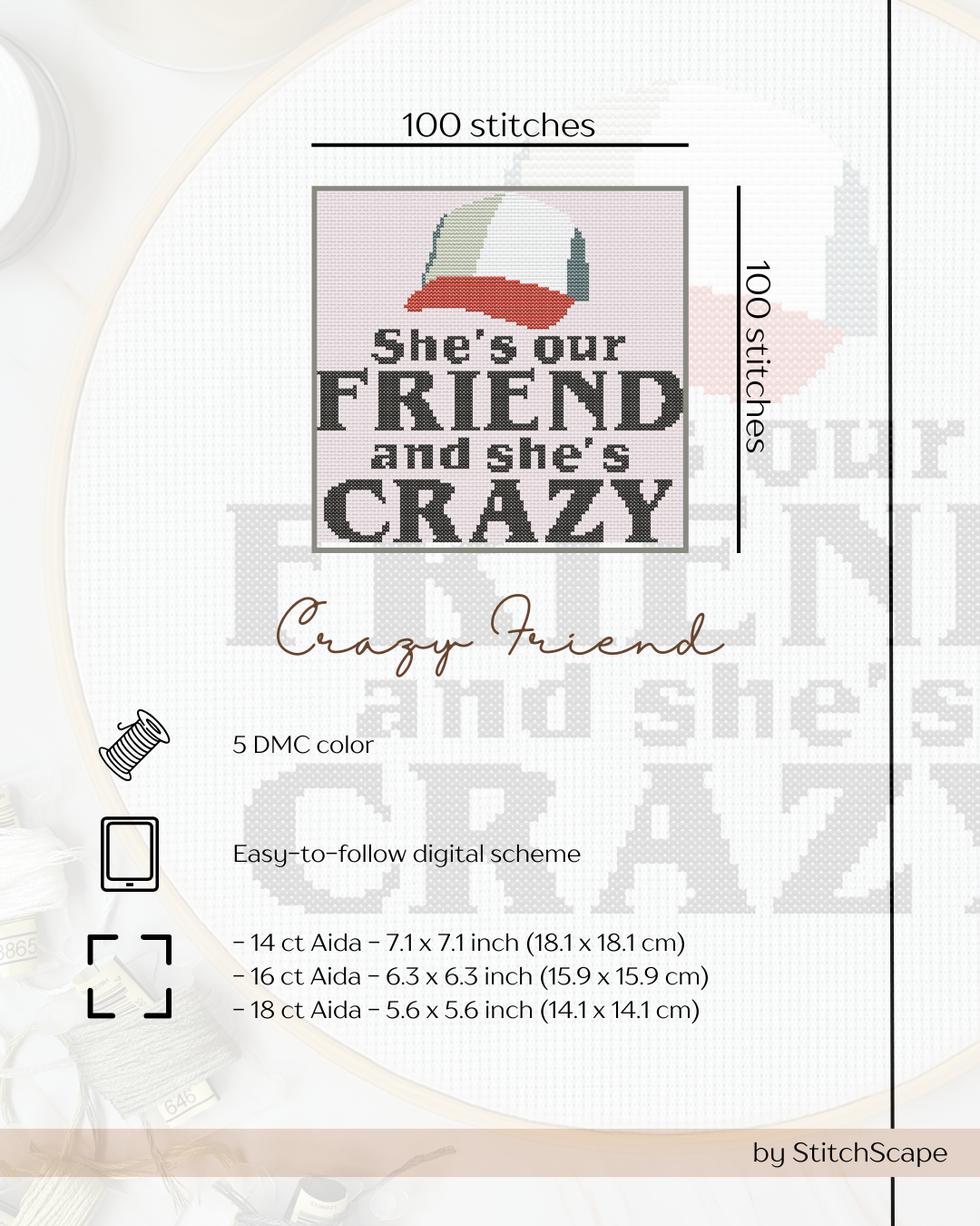 Embroidery design with text 'She's our friend and she's crazy' and various embroidery details on a white background.