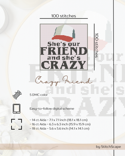Embroidery design with text 'She's our friend and she's crazy' and various embroidery details on a white background.