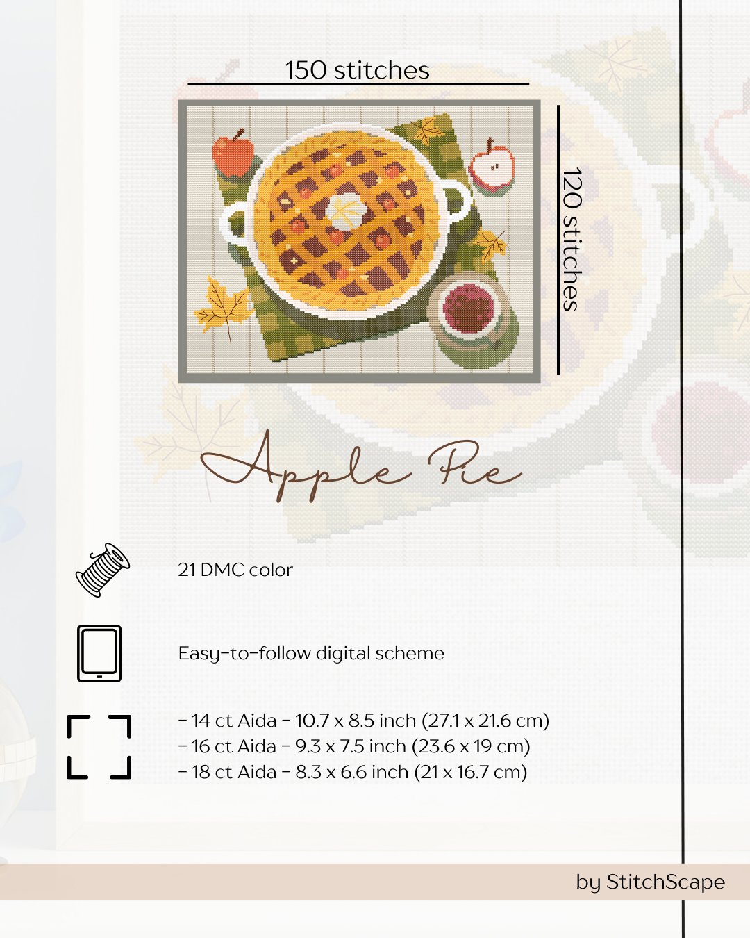 Cross-stitch pattern for an apple pie design with stitch count and fabric size information.