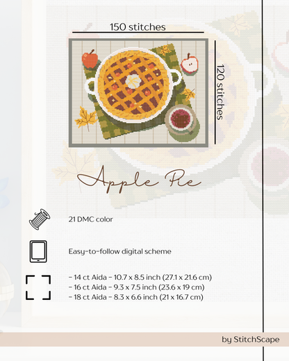 Cross-stitch pattern for an apple pie design with stitch count and fabric size information.