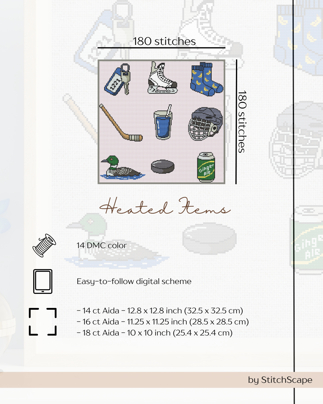 Embroidery design with sports-themed items on a white background, featuring text about stitches and color usage.