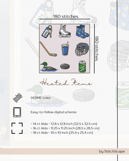 Embroidery design with sports-themed items on a white background, featuring text about stitches and color usage.