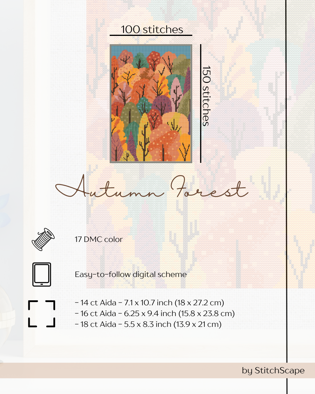 Stitch pattern for 'Autumn Forest' with color swatch and stitching details.