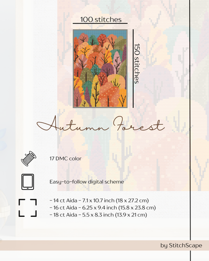 Stitch pattern for 'Autumn Forest' with color swatch and stitching details.