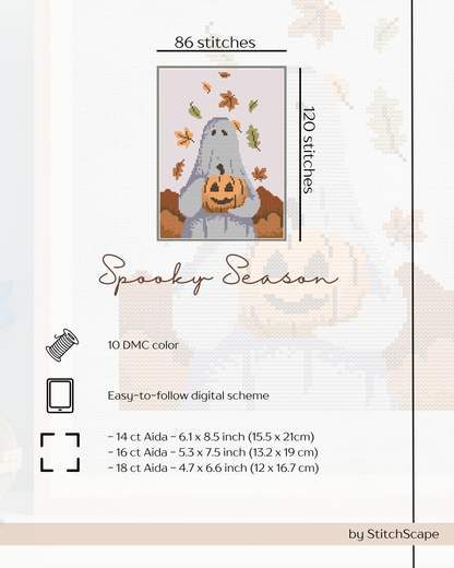 Cross-stitch pattern for a ghost holding a pumpkin with fall leaves, labeled 'Spooky Season' by StitchScape.