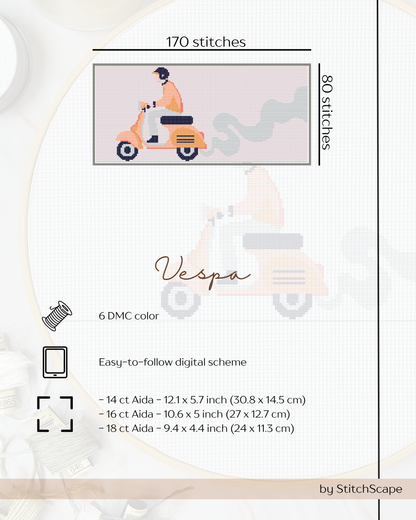 Product description card for a Vespa-themed embroidery design with stitching details.