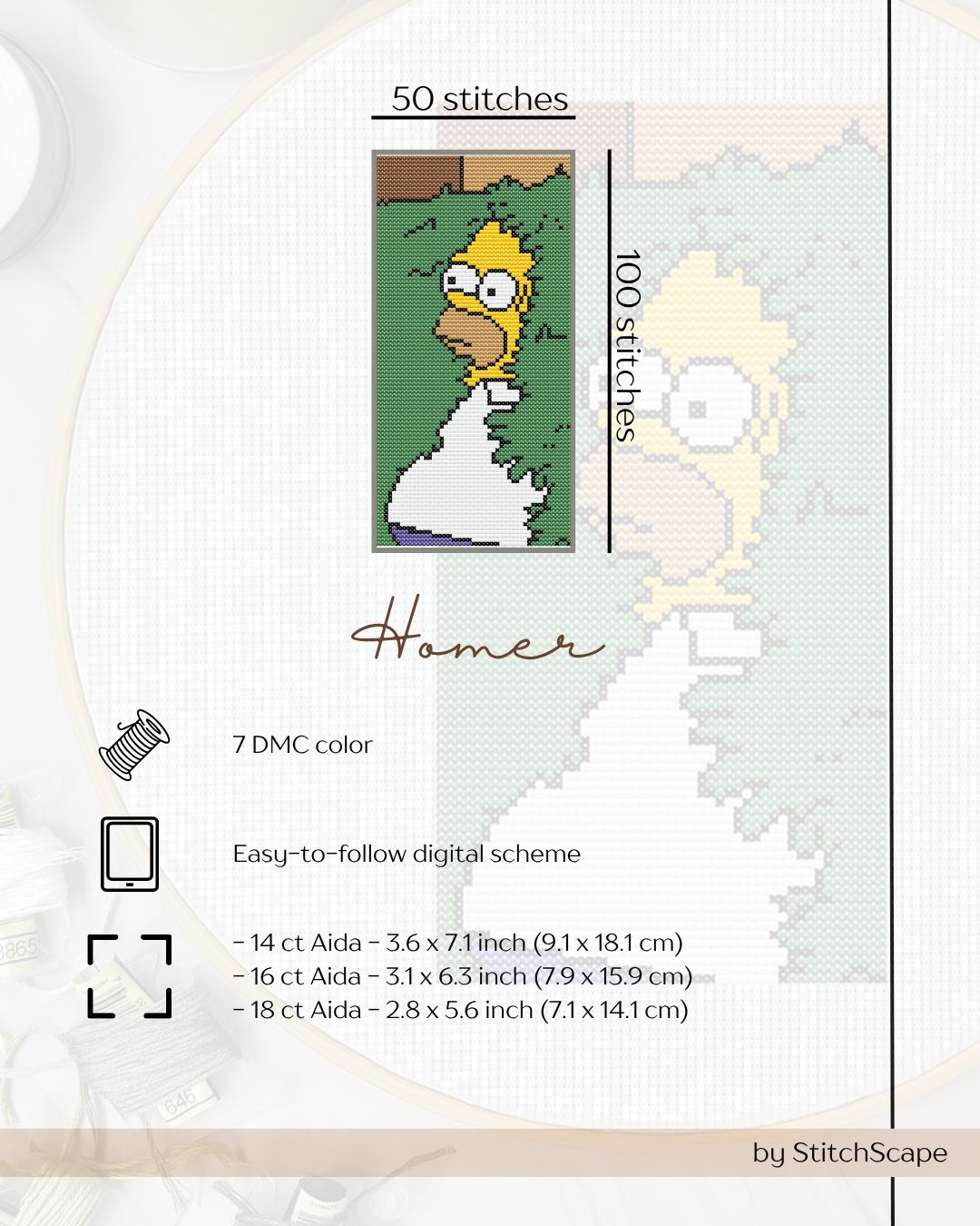Cross-stitch pattern for Homer Simpson from The Simpsons with details on stitches and fabric sizes.