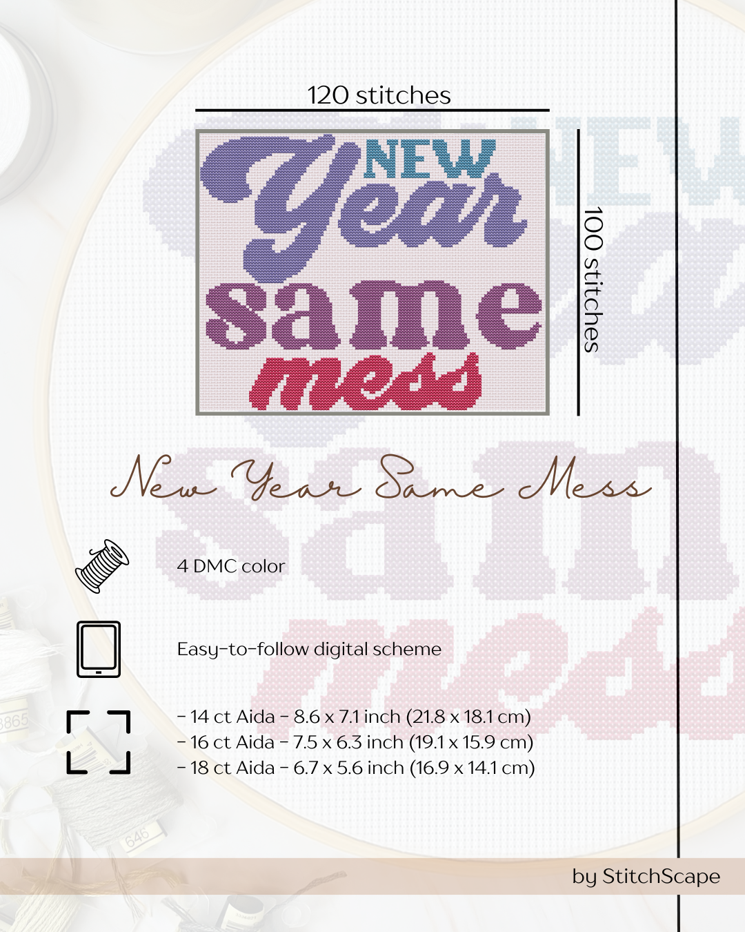 Embroidery design with 'New Year Same Mess' text on a white background