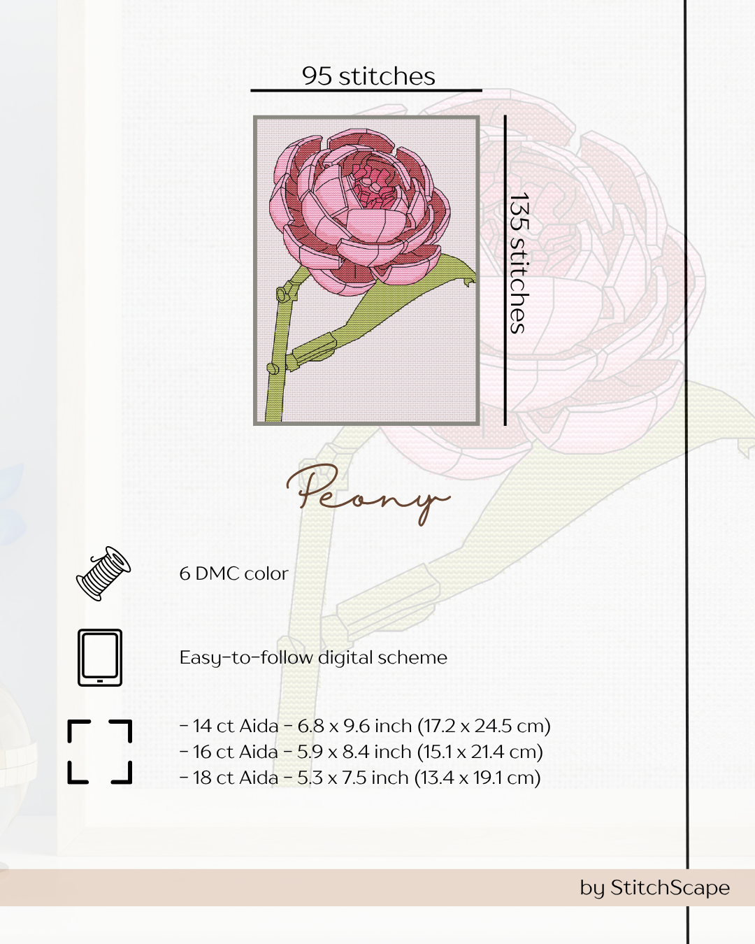 Embroidery design of a pink peony with stitch count and fabric size information.