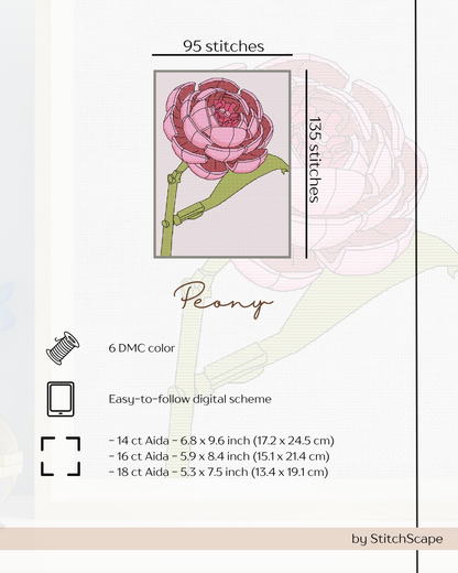 Embroidery design of a pink peony with stitch count and fabric size information.