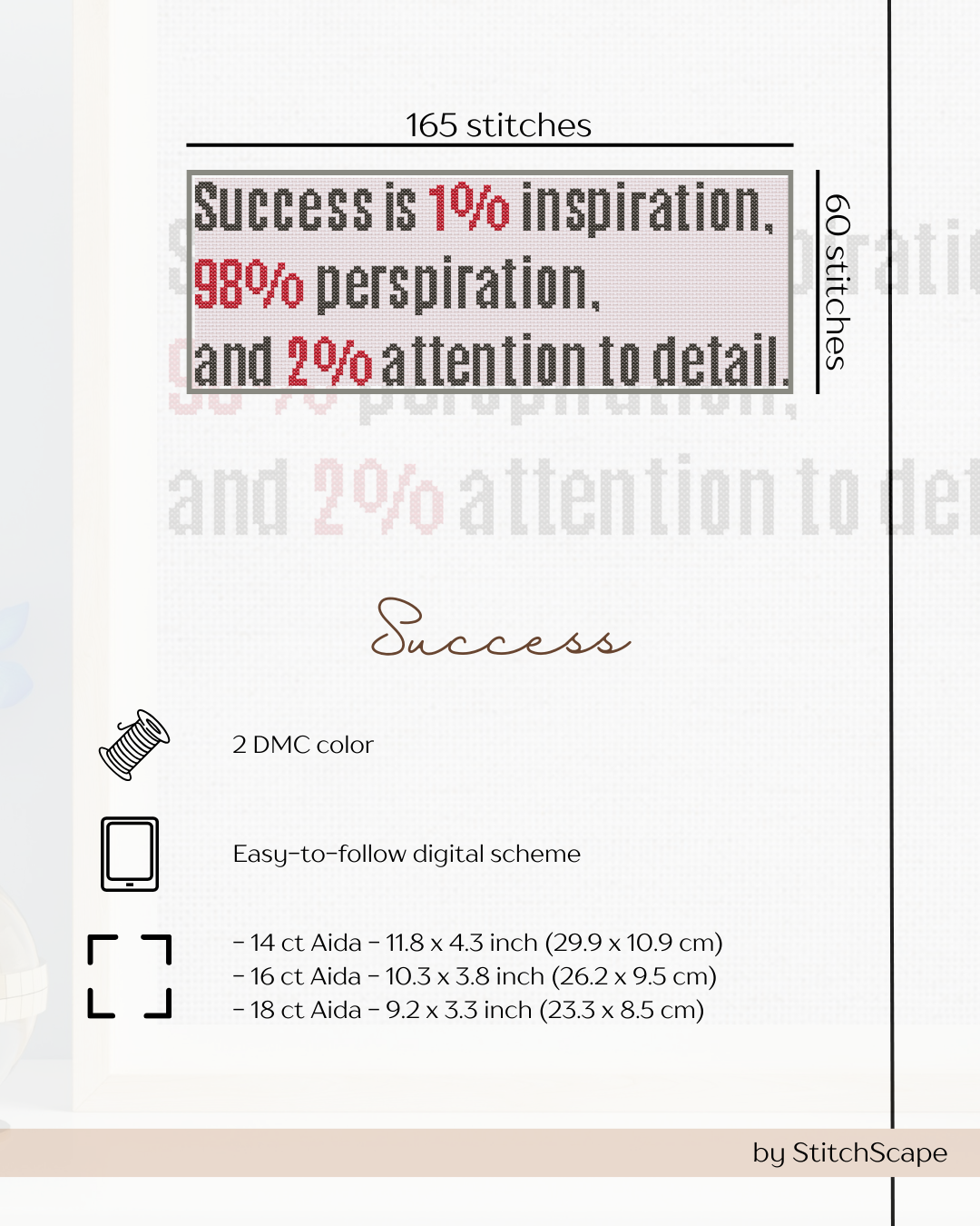 Textile design with motivational quote and stitching information on a white background