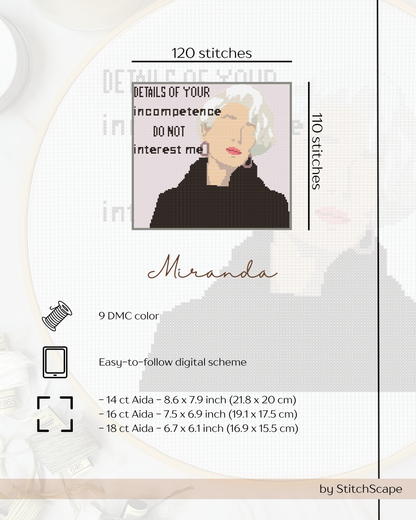 Cross-stitch pattern with a portrait of a woman and text, featuring branding by StitchScape.