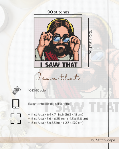 Cross-stitch pattern with a pixelated design of a person wearing glasses and text 'I saw that' on a white background.