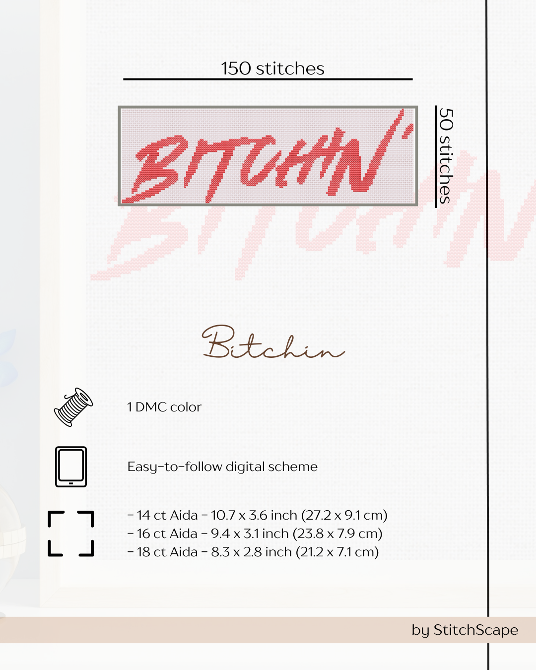 Embroidery design with 'Bitchin' text and stitching details on a white background