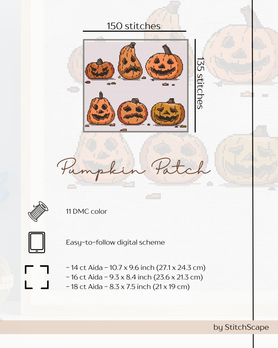 Stitch pattern for pumpkins with details on stitches, color, and fabric sizes.