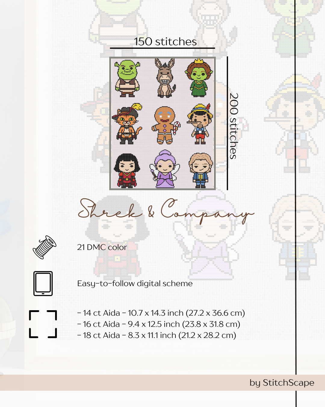 Stitch chart for 'Shrek & Company' characters with stitch count and fabric size information.