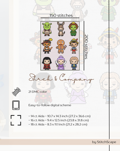 Stitch chart for 'Shrek & Company' characters with stitch count and fabric size information.