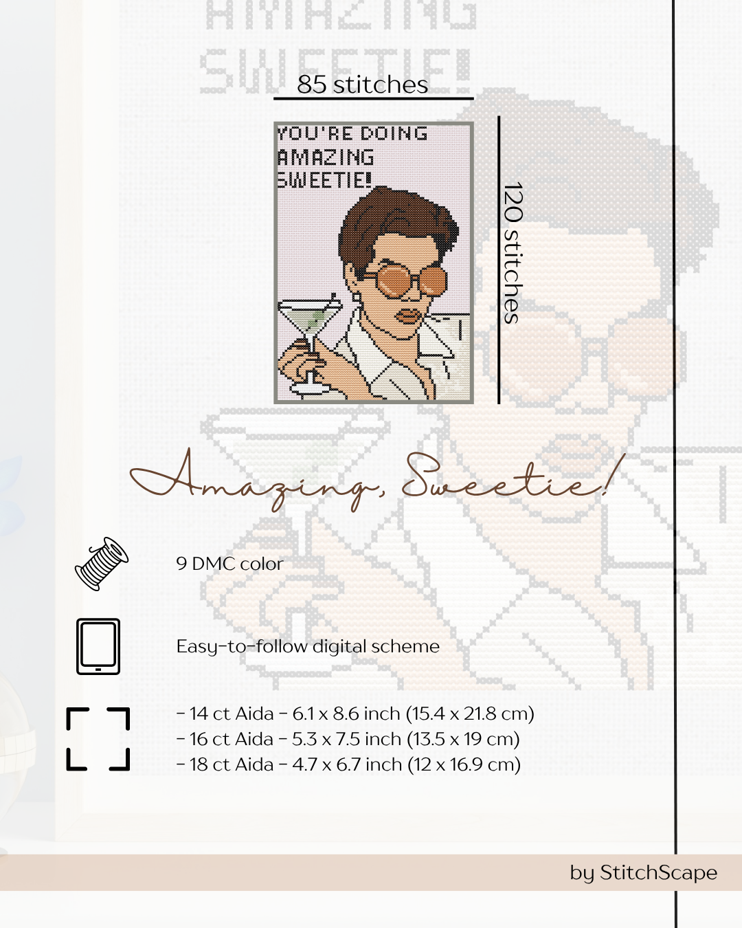 Stitch pattern for cross-stitching with a design of a person holding a martini glass, labeled 'Amazing, Sweetie!'.