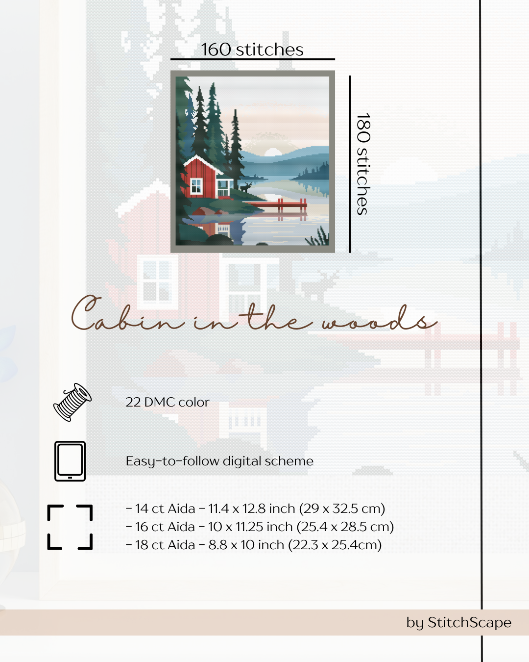 Embroidery design of a cabin in the woods with stitch count and color information.