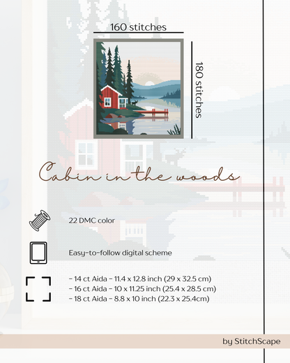 Embroidery design of a cabin in the woods with stitch count and color information.