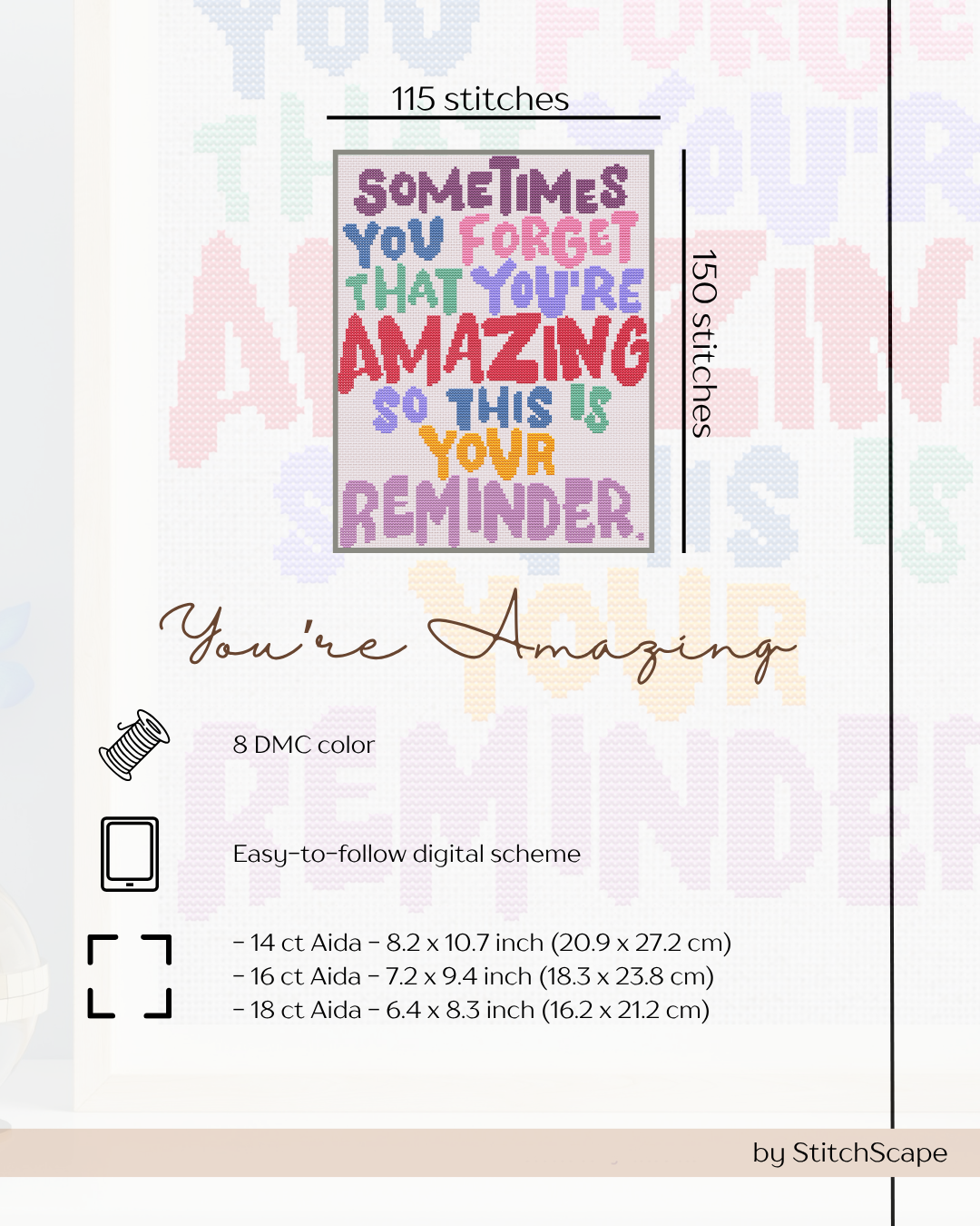 Stitch pattern card with colorful text 'You're Amazing' and stitching details on a light background.
