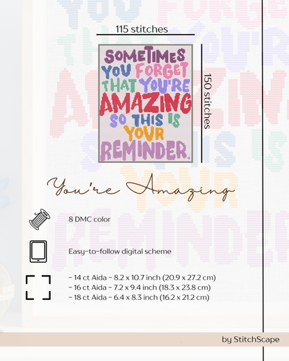 Stitch pattern card with colorful text 'You're Amazing' and stitching details on a light background.