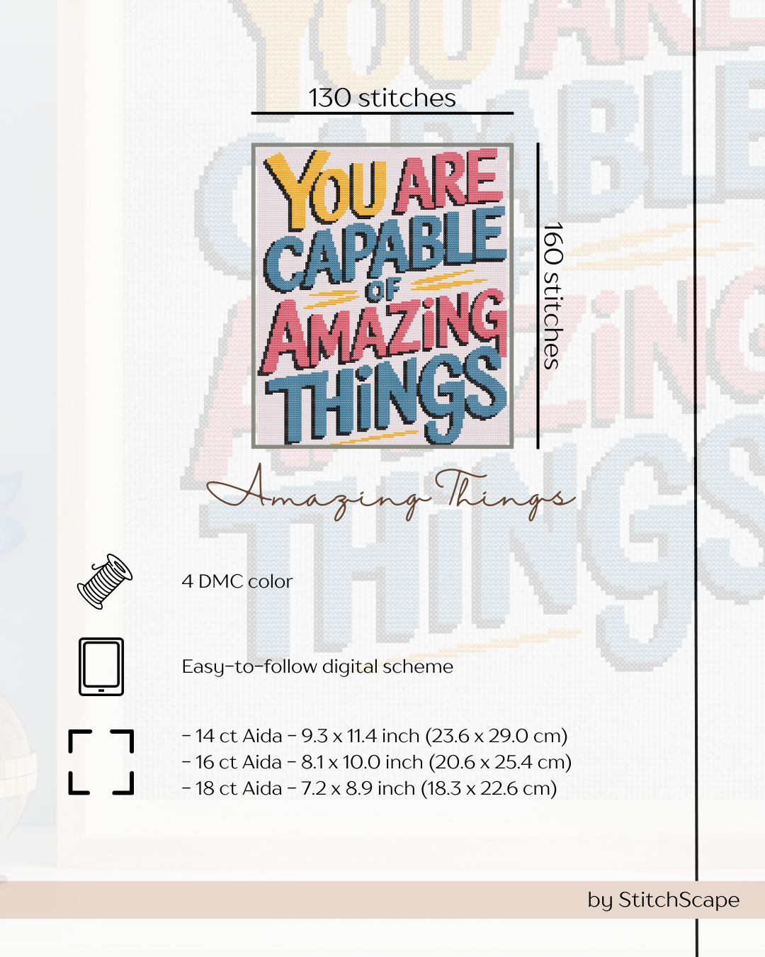Stitching pattern with motivational text 'You are capable of amazing things' and various design specifications.