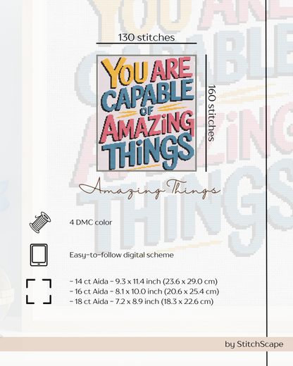 Stitching pattern with motivational text 'You are capable of amazing things' and various design specifications.