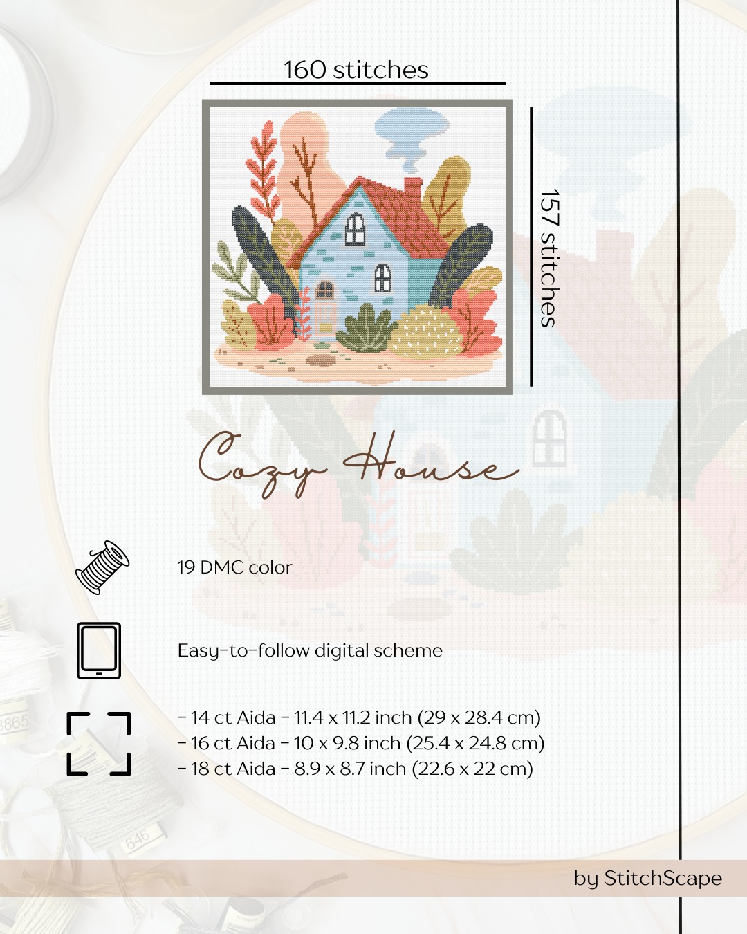 Cozy house cross-stitch pattern with dimensions and color information on a light background