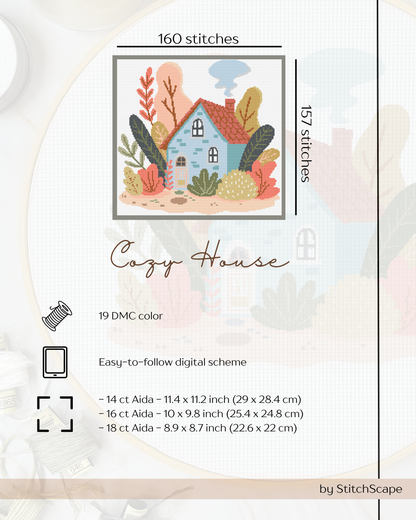 Cozy house cross-stitch pattern with dimensions and color information on a light background