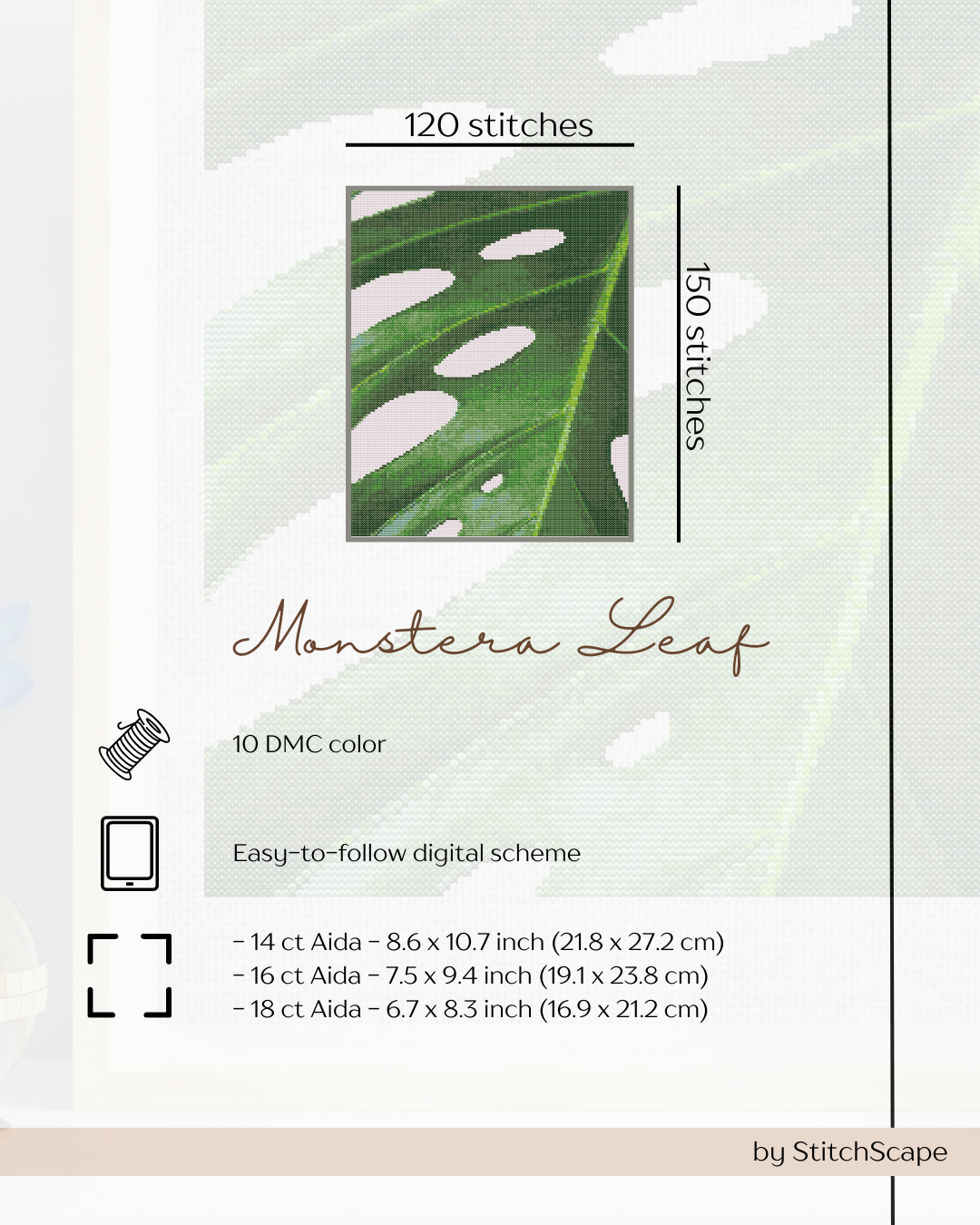 Monstera Leaf cross-stitch pattern with stitching details on a white background