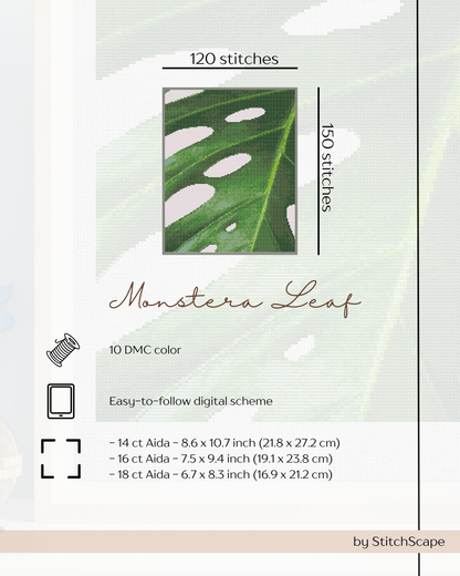 Monstera Leaf cross-stitch pattern with stitching details on a white background