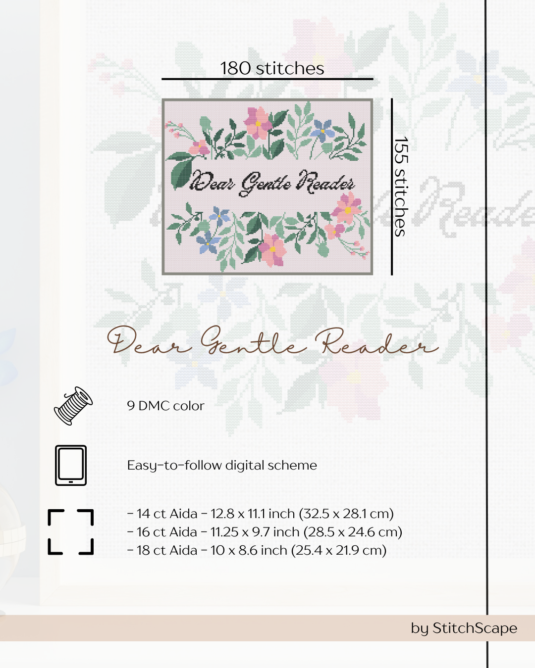 Stitch pattern with floral design and text 'Dear Gentle Reader' on a light background.