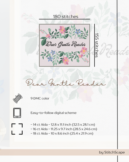 Stitch pattern with floral design and text 'Dear Gentle Reader' on a light background.