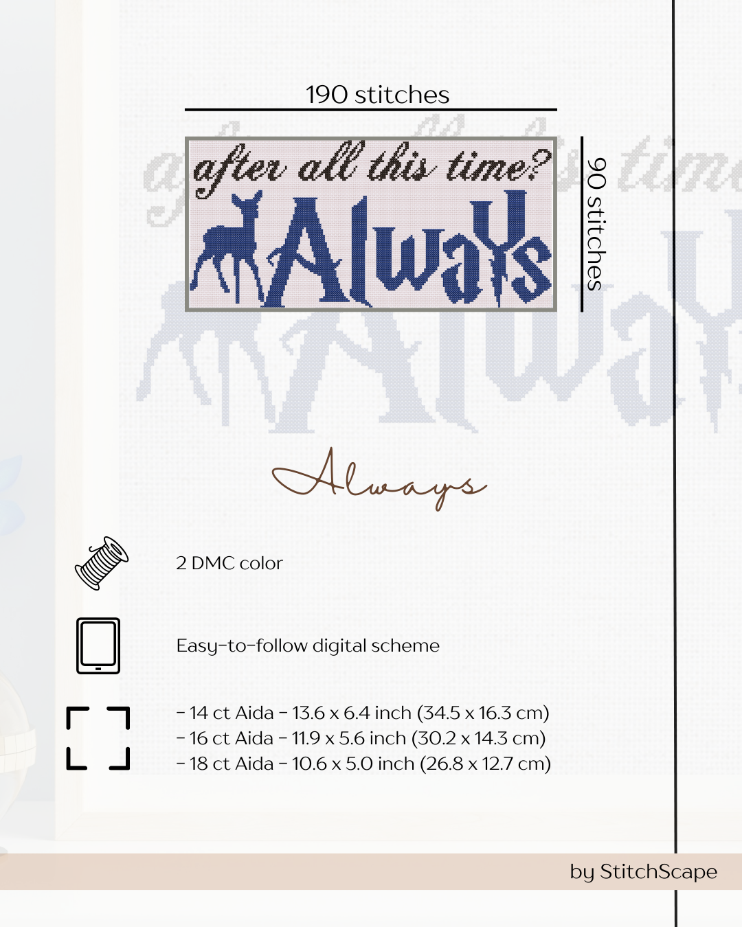 Embroidery design with 'After all this time? Always' text and deer illustration on a white background.