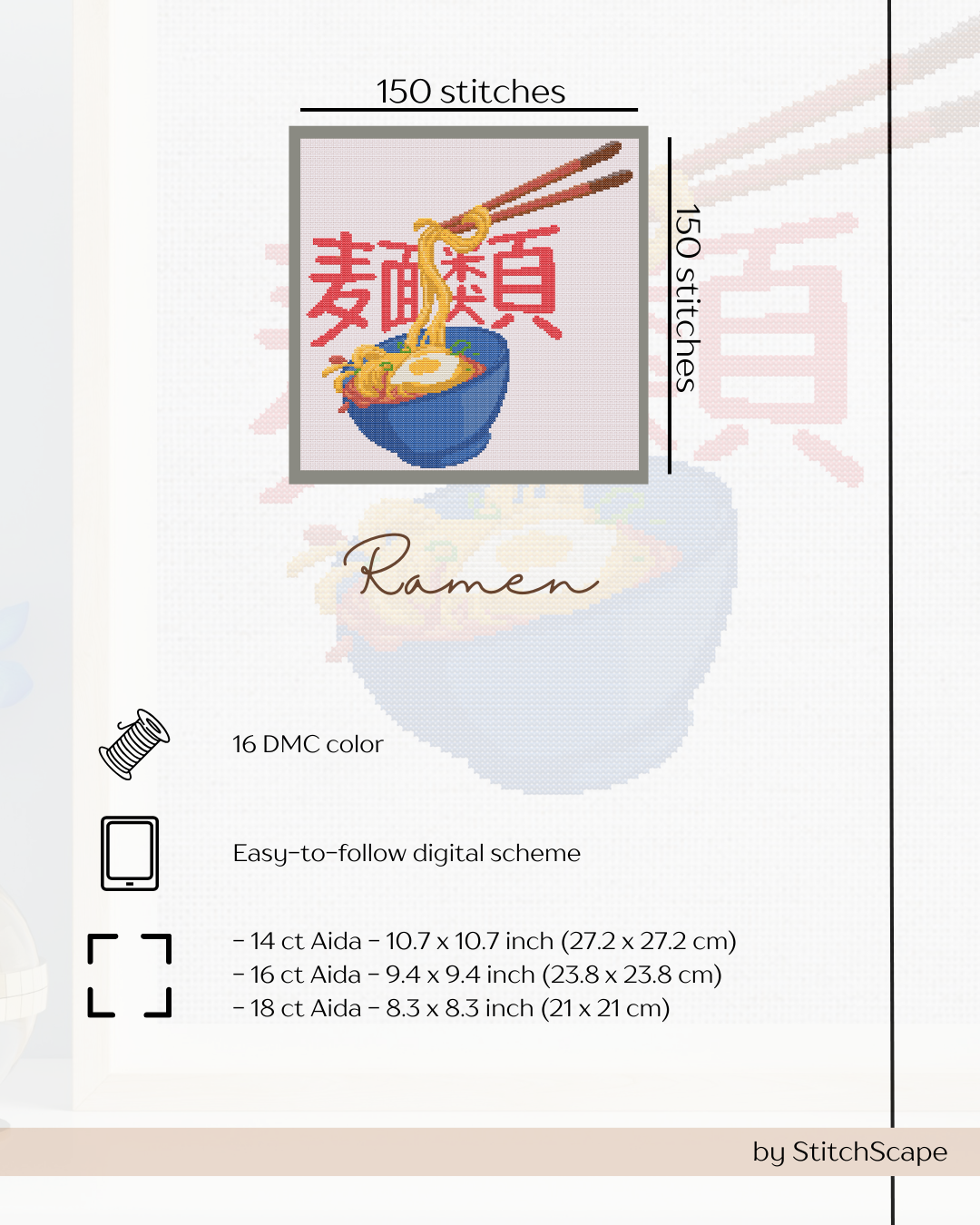 Cross-stitch pattern for a ramen-themed design with text and measurements.