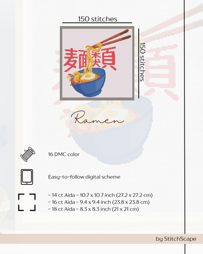 Cross-stitch pattern for a ramen-themed design with text and measurements.
