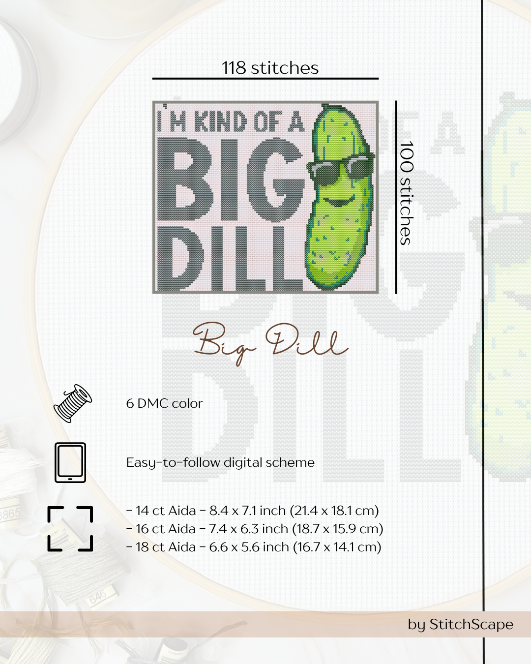 Cross-stitch pattern for a pickle with sunglasses and text 'I'm kind of a big dill' by StitchScape.