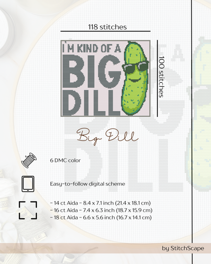 Cross-stitch pattern for a pickle with sunglasses and text 'I'm kind of a big dill' by StitchScape.