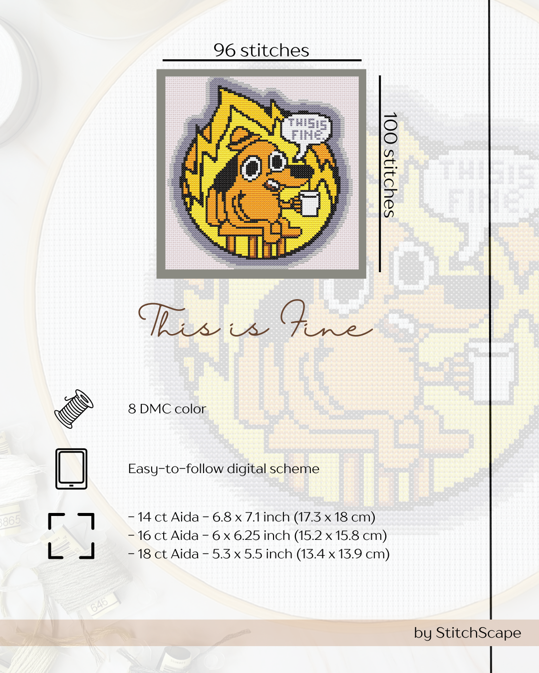 Embroidery design with a dog wearing sunglasses and a coffee cup, labeled 'This is Fine', on a white background.