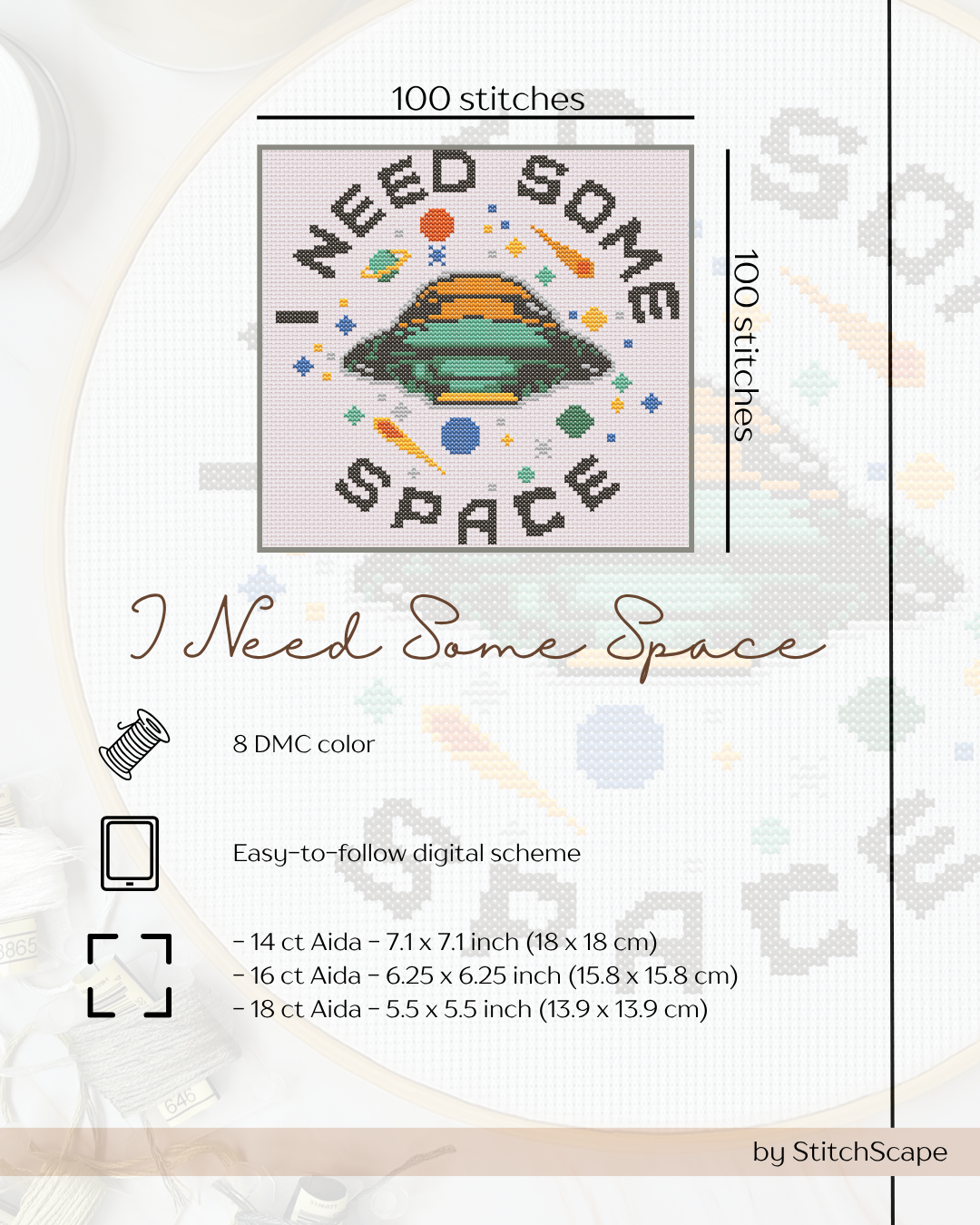 Embroidery design with 'I Need Some Space' text and UFO graphic on a white background.