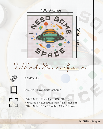 Embroidery design with 'I Need Some Space' text and UFO graphic on a white background.