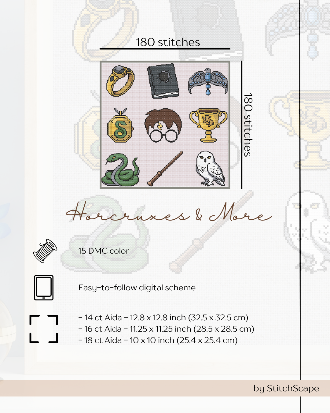 Embroidery design pack with Harry Potter-themed icons and stitching information.